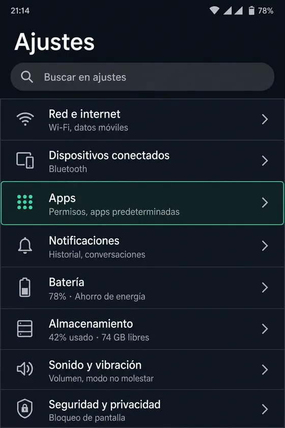 Pantalla de Ajustes de Android con la sección Apps resaltada