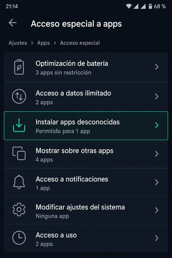 Menú de acceso especial con la opción Instalar apps desconocidas