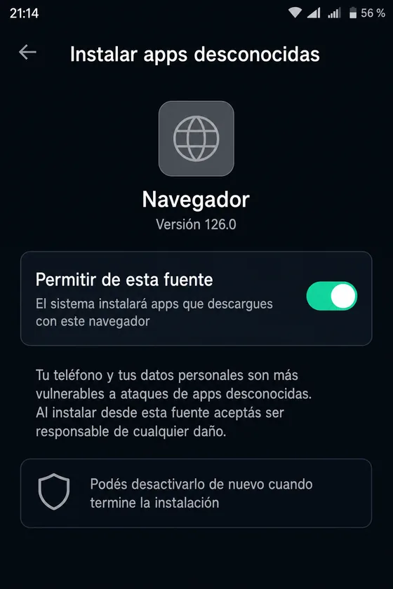 Interruptor Permitir de esta fuente activado para el navegador