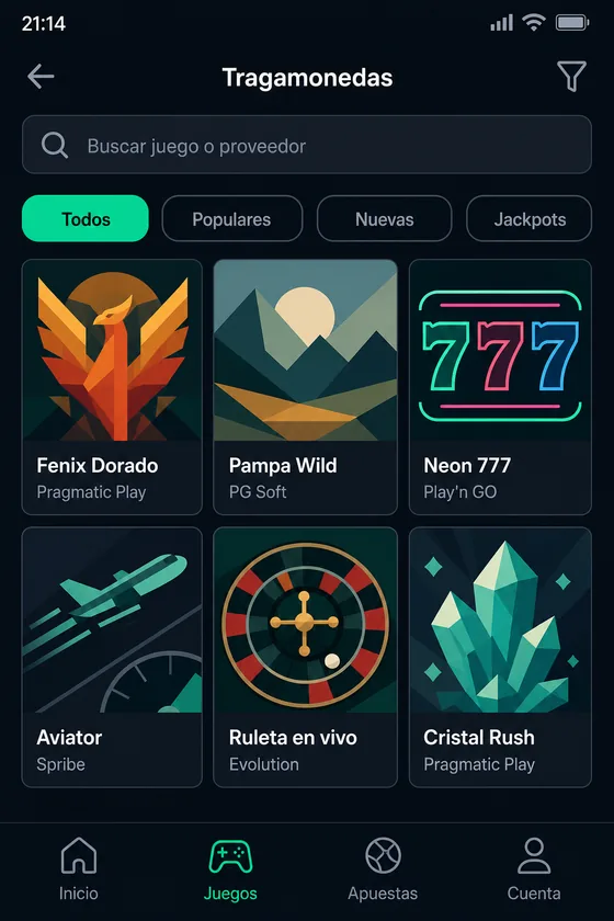 Pantalla de inicio de la app con el catálogo de juegos destacados