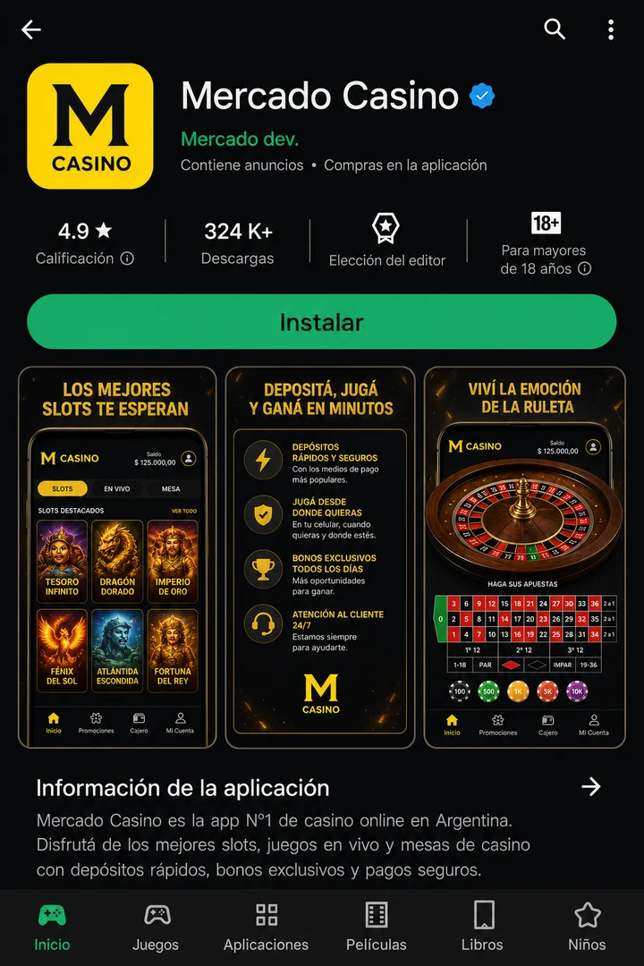 Ficha de Mercado Casino en Google Play: calificación 4,9, más de 324 mil descargas y botón Instalar