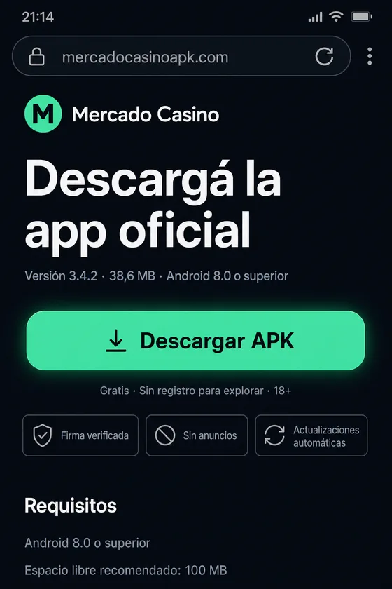 Navegador del celular con el sitio oficial abierto y el botón de bajar visible