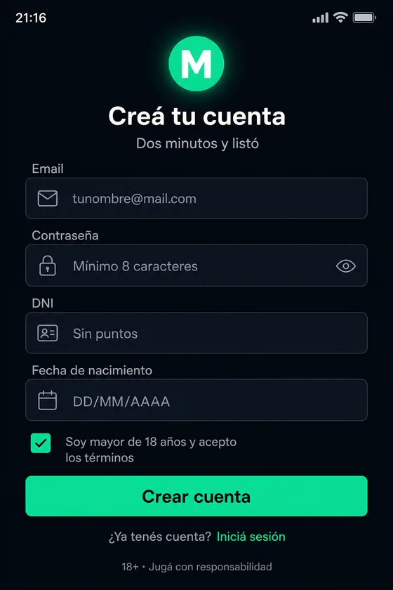 Pantalla de bienvenida de la app con el formulario de registro
