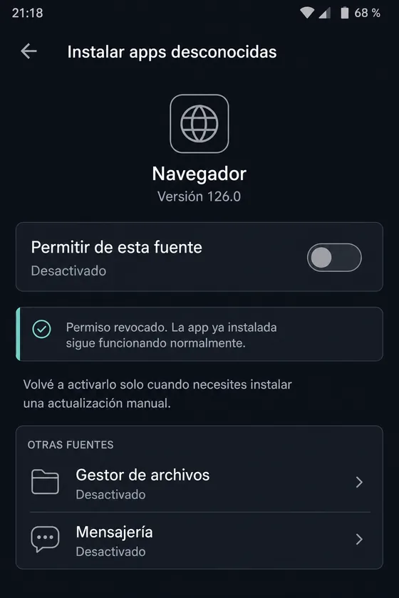 Ajustes de Android con el permiso del navegador desactivado