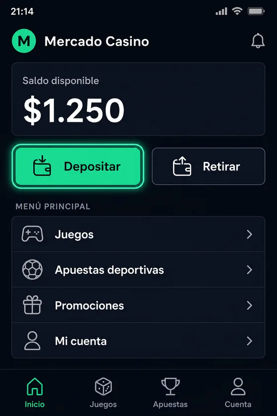 Botón Depositar resaltado en el menú principal de la app del casino