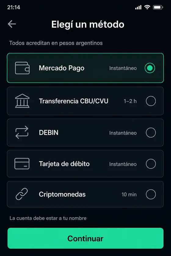 Lista de métodos de pago con Mercado Pago seleccionado
