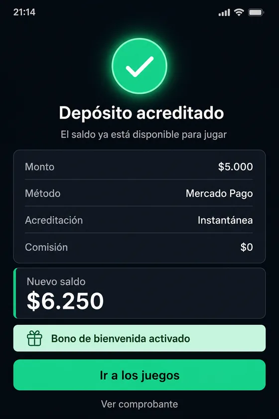 Pantalla de confirmación de depósito con Mercado Pago en la app del casino