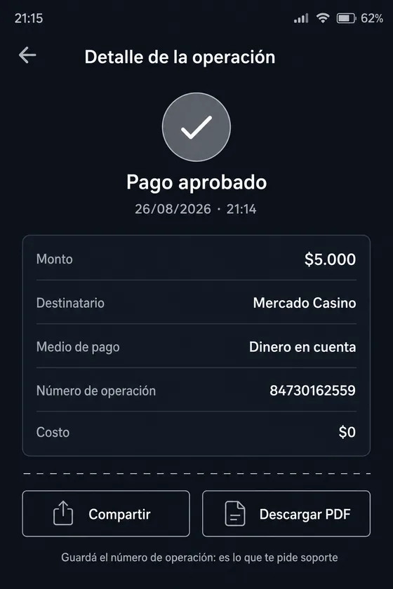 Comprobante de la operación en el historial de Mercado Pago