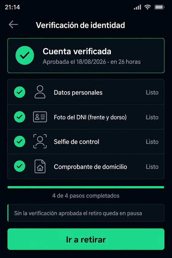 Pantalla de verificación de identidad completada en el perfil