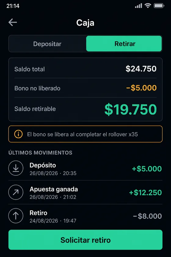 Sección Retirar con el saldo disponible visible
