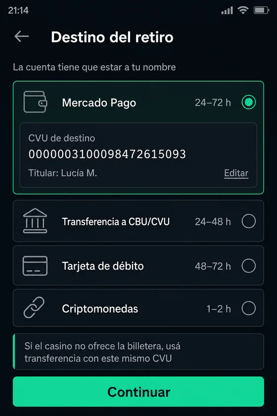 Selección de Mercado Pago como método de retiro