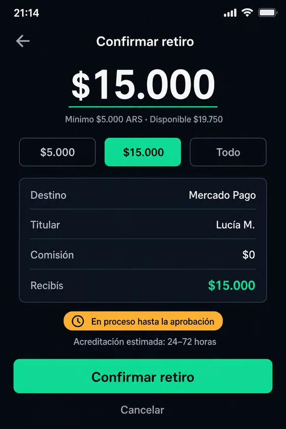 Confirmación del monto del retiro antes de enviarlo