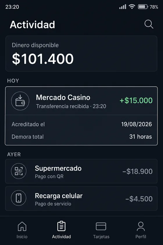 Movimiento del retiro acreditado en la actividad de Mercado Pago